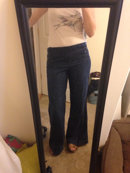Wide leg trouser button front jeans- $6.59. 